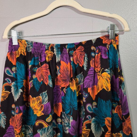 Vintage Womens M Fall Leaf Leaves Floral Pleated A-Line Skirt Black Multicolor - Picture 4 of 7